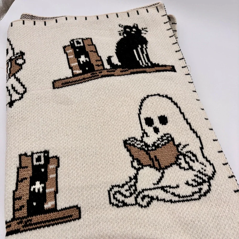 Goblin & Ghoul Reading Ghost Black Cat Knit Throw Blanket 50x70 Halloween Cream